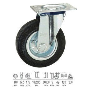 Rueda Industrial Goma Negra Placa Diámetro 140 mm.