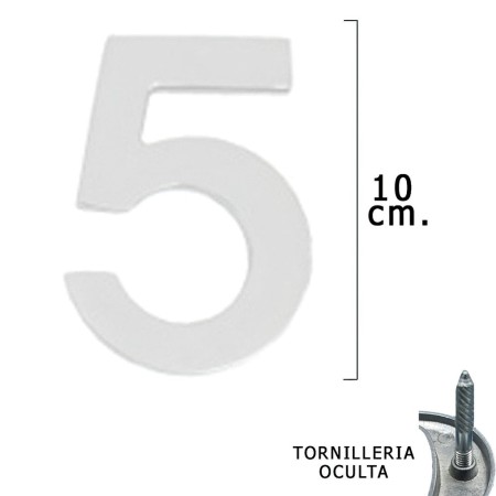 Numero Metal "5" Plateado Mate 10 cm. con Tornillería Oculta (Blíster 1 Pieza)