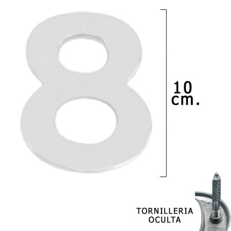 Numero Metal "8" Plateado Mate 10 cm. con Tornillería Oculta (Blíster 1 Pieza)
