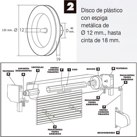 Disco Persiana Plástico Espiga Metal 120x40 mm. Cinta 18 mm.