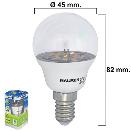 Bombilla Led Esferica Transparente Rosca E14 5 W. 40 W. 470 lúmenes. Luz calida. (3000K).