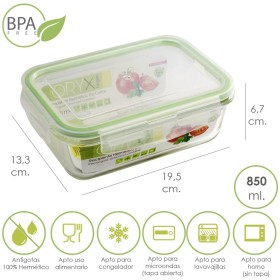 Recipiente Hermético Cristal Rectangular 850 ml. 19.5 x 13.3 x 6.7 (alt) cm.