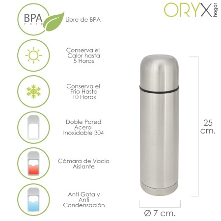 Termo Líquidos, Capacidad 500 ML. Libre BPA, Acero Inoxidable, Antigoteo