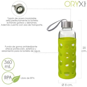 Botella Agua de Cristal, Capacidad De 360 ML. Libre BPA, Con Funda Goma y Tapón Antigotas