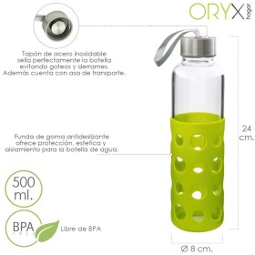 Botella Agua Fabricada En Cristal Con Funda De Goma y Tapón Antigotas, 500ml, Libre de BPA