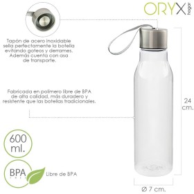 Botella Agua, Capacidad De 600 ML. Plástico Libre BPA, Con Asa, Tapón Acero Inoxidable.