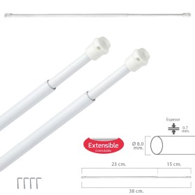 Barra Visillo Extensible 23/38 cm. con Muelle Presión, Soportes y Ventosas (2 Piezas)