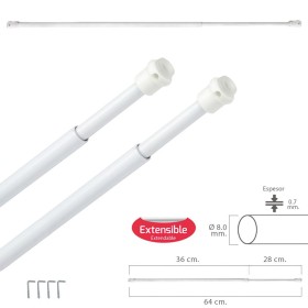 Barra Visillo Extensible 36/64 cm. con Muelle Presión, Soportes y Ventosas (2 Piezas)