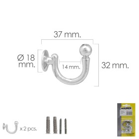 Gancho Cromado Atornillable 37 mm. Con tacos y tornillos (Blíster 2 piezas)