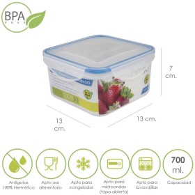 Recipiente Hermético Plástico Cuadrado 700 ml. 13x13x7 (Alt.) cm.