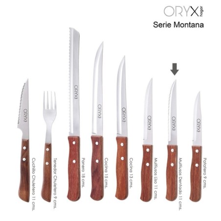 Cuchillo Montana Multiusos Hoja Lisa Acero Inoxidable 11 cm. Mango Madera (Blíster 3 piezas)