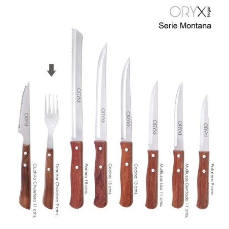 Tenedor Montana Chuletero Acero Inoxidable 9 cm. Mango Madera (Blíster 3 Piezas)