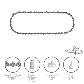 Cadena Motosierra 3/8" / 0.050" 1,3 mm. / 52 eslabones / 91 P