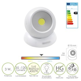 Linterna LED Armario Esfera A Pilas (3 AAA) 120 Lúmenes Ajustable 300º Con Imán y Adhesivo.
