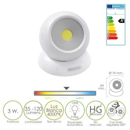 Linterna LED Armario Esfera A Pilas (3 AAA) 120 Lúmenes Ajustable 300º Con Imán y Adhesivo.