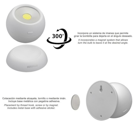 Linterna LED Armario Esfera A Pilas (3 AAA) 120 Lúmenes Ajustable 300º Con Imán y Adhesivo.