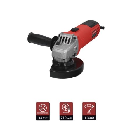 Amoladora Angular 710 Watt. Disco Diámetro 115 mm. 11.000 R.P.M. Mango 2 posiciones Eje M14 Protector Disco Ajustable