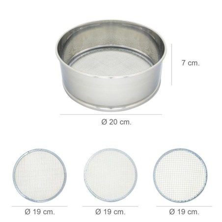 Harinero Tamizador Acero Inoxidable Diámetro 20 cm. Con 3 Mallas Intercambiables