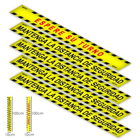 Rotulación Suelo Distancia Seguridad y Turno. Pegatinas Señalización. 5 Unidades Rectangulares, 10 x 100 cm