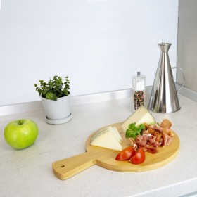 Tabla Cortar Cocina Redonda Hecha En Madera De Bambú 100% Con Mango Diámetro26x36