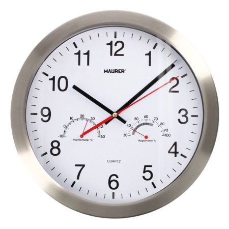 Reloj De Pared Diámetro 30 cm. Con Higrómetro y Termómetro. Frontal En Acero
