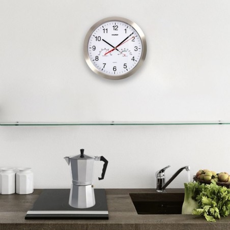 Reloj De Pared Diámetro 30 cm. Con Higrómetro y Termómetro. Frontal En Acero