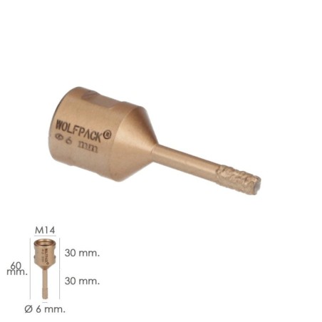 Corona Diamante Para Amoladora Diámetro 6 mm. Conexión Rosca M14. Corte Seco