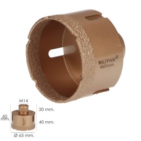 Corona Diamante Para Amoladora Diámetro 65 mm. Conexión Rosca M14. Corte Seco