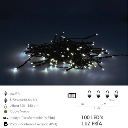 Guirnalda Luces Navidad 100 Leds Blanco Frio. Luz navidad interiores y exteriores IP44. funciona 3 Baterías AA (No incluidas)
