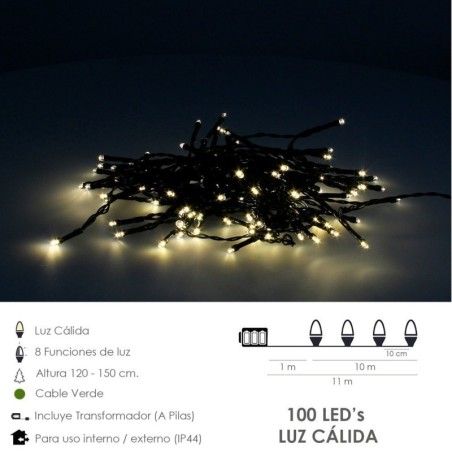 Guirnalda Luces Navidad 100 Led Blanco Cálido. Luz navidad interiores y exteriores IP44.funciona 3 Baterías AA(No incluidas)