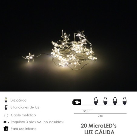 Guirnalda Luces Navidad Estrellas 20 Leds Blanco Cálido. Luz navidad interiores y exteriores IP44 A Pilas 3AA (No Incluida)