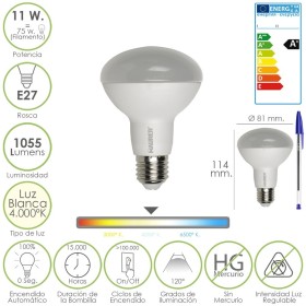 Bombilla Led Estándar Rosca E27 (Gorda) 11 Watt. Equivale a 75 Watt. 1055 Lúmenes. Luz Blanca (4.000º K) A+