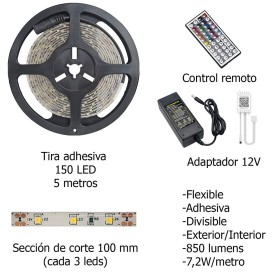 Tira Led Multicolor RGB Con Mando Adhesiva Con 150 Leds 36 W 12 V. 850 Lúmenes Luz Multicolor IP 20 5 Metros