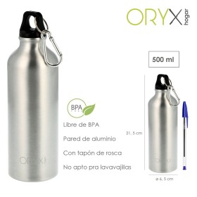 Botella de Agua Aluminio Con mosquetón, Cierre hermético 500 ml.