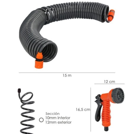 Manguera Extensible Espiral Autoenroscable Para Riego Jardín 15 Metros Con Pistola y Conectores