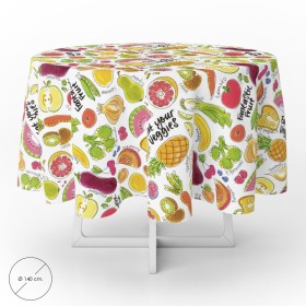 Mantel Hule Redondo Frutas Fantasía Impermeable Anti manchas PVC Diámetro 140 cm. Uso Interior y Exterior