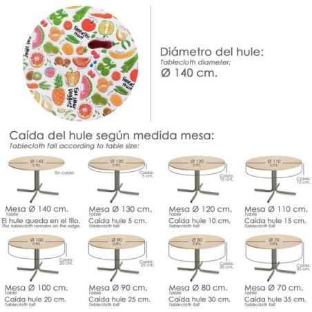 Mantel Hule Redondo Frutas Fantasía Impermeable Anti manchas PVC Diámetro 140 cm. Uso Interior y Exterior