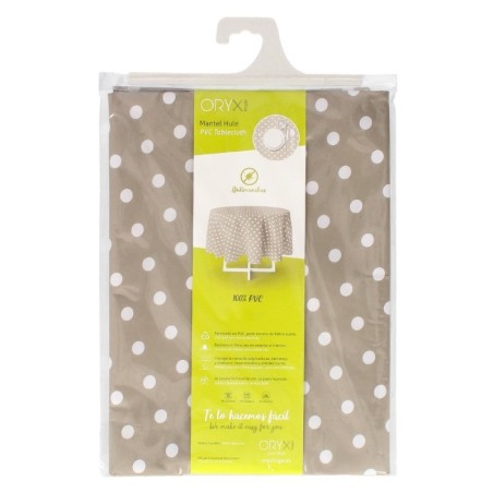 Mantel Hule Redondo Topos Beige Impermeable Anti manchas PVC Diámetro140 cm. Uso Interior y Exterior
