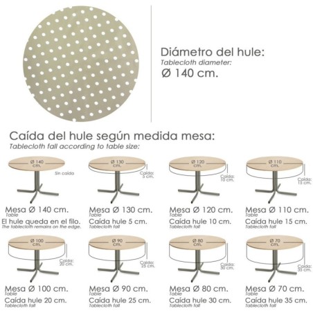 Mantel Hule Redondo Topos Beige Impermeable Anti manchas PVC Diámetro140 cm. Uso Interior y Exterior