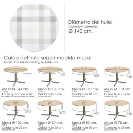 Mantel Hule Redondo Cuadros Beige Impermeable Anti manchas PVC Diámetro 140 cm. Uso Interior y Exterior