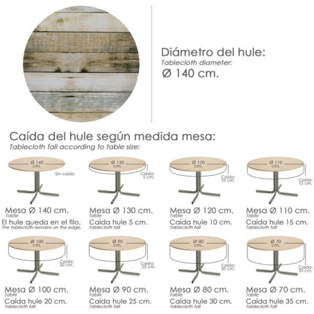 Mantel Hule Redondo Tablones Madera Impermeable Anti manchas PVC Diámetro 140 cm. Uso Interior y Exterior