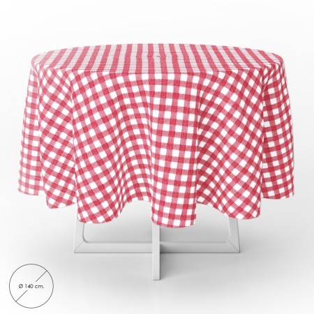 Mantel Hule Redondo Cuadros Rojos Impermeable Anti manchas PVC Diámetro140 cm. Uso Interior y Exterior