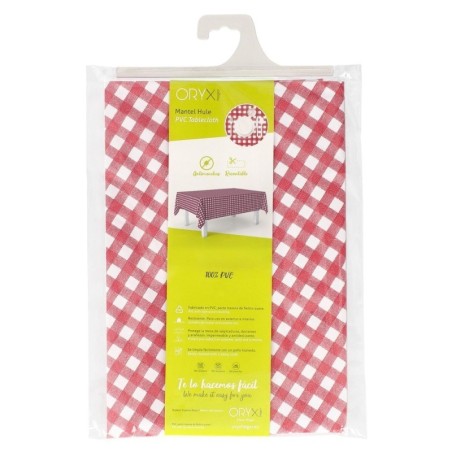 Mantel Hule Rectangular Cuadros Rojos Impermeable Anti manchas PVC 140x250 cm. Recortable Uso Interior y Exterior