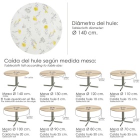 Mantel Hule Redondo Flores Amarillas Impermeable Anti manchas PVC Diámetro140 cm. Uso Interior y Exterior