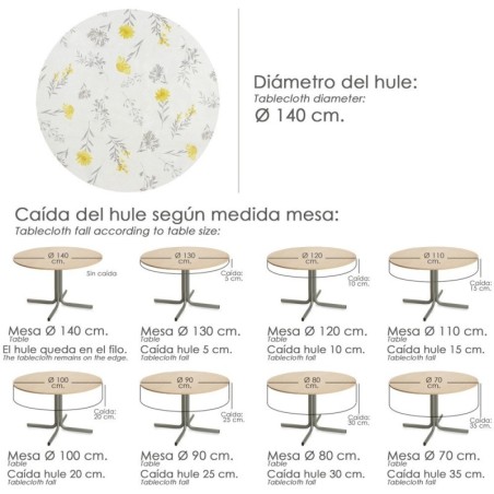 Mantel Hule Redondo Flores Amarillas Impermeable Anti manchas PVC Diámetro140 cm. Uso Interior y Exterior