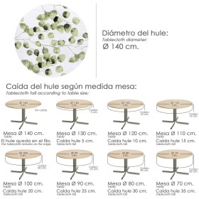 Mantel Hule Redondo Hojas Verdes Impermeable Anti manchas PVC Diámetro140 cm. Uso Interior y Exterior