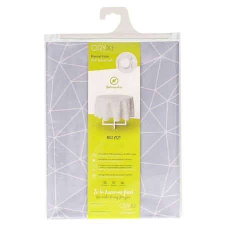 Mantel Hule Geométrico Gris Impermeable Anti manchas PVC Diámetro 140 cm. Uso Interior y Exterior