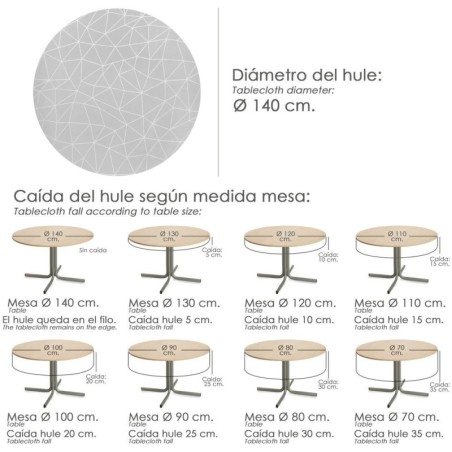 Mantel Hule Geométrico Gris Impermeable Anti manchas PVC Diámetro 140 cm. Uso Interior y Exterior