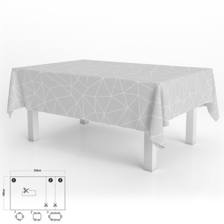 Mantel Hule Rectangular Geométrico Gris Impermeable Anti manchas PVC 140x250 cm. Recortable Uso Interior y Exterior