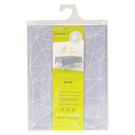 Mantel Hule Rectangular Geométrico Gris Impermeable Anti manchas PVC 140x250 cm. Recortable Uso Interior y Exterior